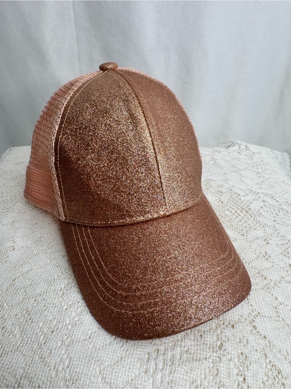 C.C Kids Rose Gold Glitter Ponytail Trucker Hat Adjustable Baseball Cap